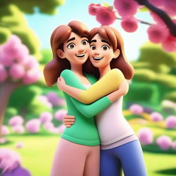 A 3D animated picture of two female friends hugging each other warmly