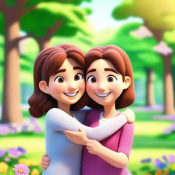 A 3D animated picture of two female friends hugging each other warmly