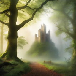 A captivating novel cover featuring a mysterious forest with a winding path leading to an ancient castle in the distance