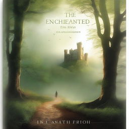 A captivating novel cover featuring a mysterious forest with a winding path leading to an ancient castle in the distance