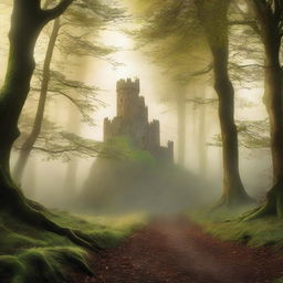 A captivating novel cover featuring a mysterious forest with a winding path leading to an ancient castle in the distance