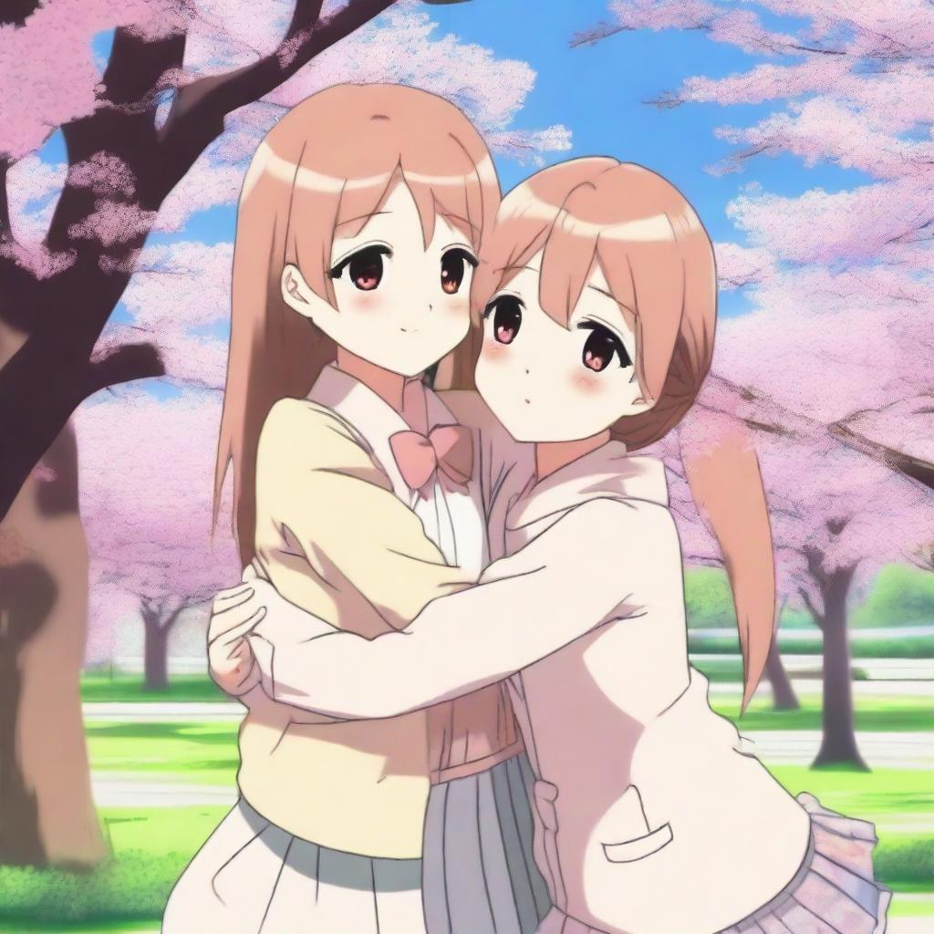 An anime picture of two female friends hugging each other