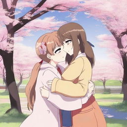 An anime picture of two female friends hugging each other