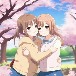 An anime picture of two female friends hugging each other