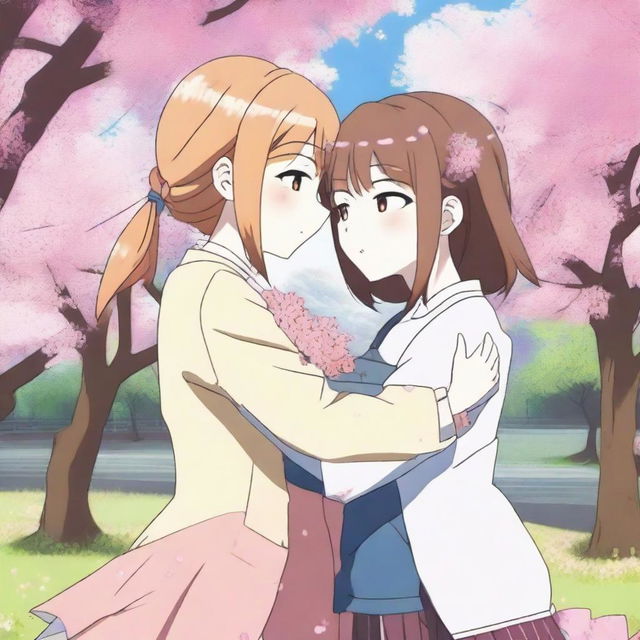 An anime picture of two female friends hugging each other