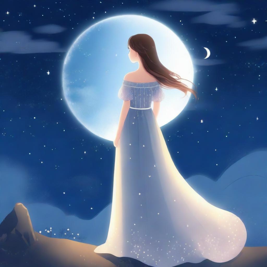 An animated picture of a girl standing under the moonlight, wearing a beautiful, flowing dress