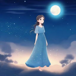 An animated picture of a girl standing under the moonlight, wearing a beautiful, flowing dress