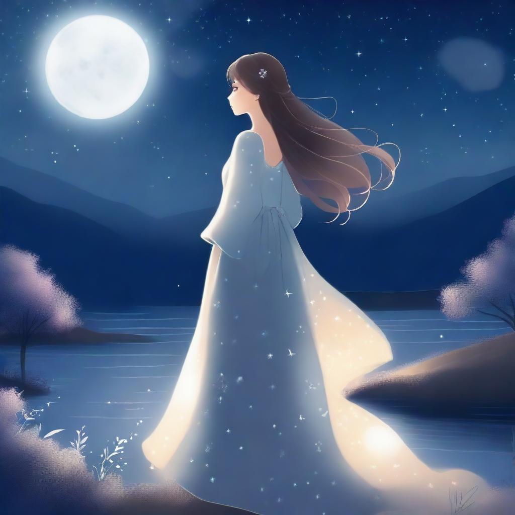 An animated picture of a girl standing under the moonlight, wearing a beautiful, flowing dress