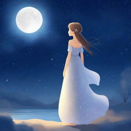 An animated picture of a girl standing under the moonlight, wearing a beautiful, flowing dress