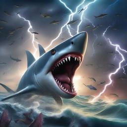 A thrilling scene featuring a Sharktopusnado, a combination of a tornado filled with sharktopus creatures