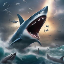 A thrilling scene featuring a Sharktopusnado, a combination of a tornado filled with sharktopus creatures