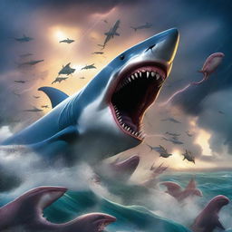 A thrilling scene featuring a Sharktopusnado, a combination of a tornado filled with sharktopus creatures