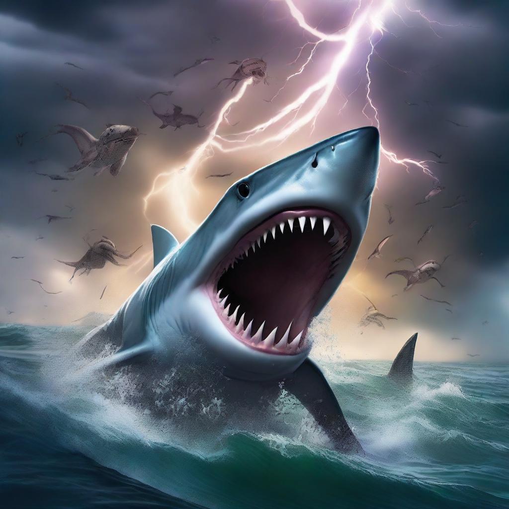 A thrilling scene featuring a Sharktopusnado, a combination of a tornado filled with sharktopus creatures