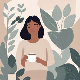 A neutral abstract illustration of a woman deep in thought, surrounded by plants and holding a cup of coffee