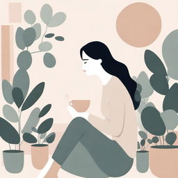 A neutral abstract illustration of a woman deep in thought, surrounded by plants and holding a cup of coffee