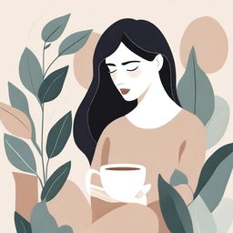 A neutral abstract illustration of a woman deep in thought, surrounded by plants and holding a cup of coffee