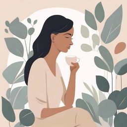 A neutral abstract illustration of a woman deep in thought, surrounded by plants and holding a cup of coffee