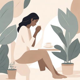 A neutral abstract illustration of a woman deep in thought, surrounded by plants, holding a cup of coffee, and sitting at a desk writing