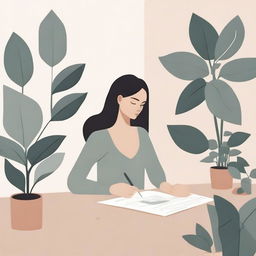 A neutral abstract illustration of a woman deep in thought, surrounded by plants, holding a cup of coffee, and sitting at a desk writing