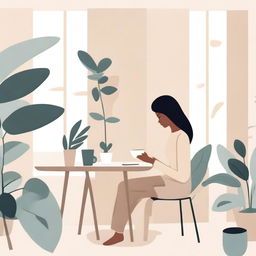 A neutral abstract illustration of a woman deep in thought, surrounded by plants, holding a cup of coffee, and sitting at a desk writing