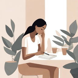 A neutral abstract illustration of a woman deep in thought, surrounded by plants, holding a cup of coffee, and sitting at a desk writing