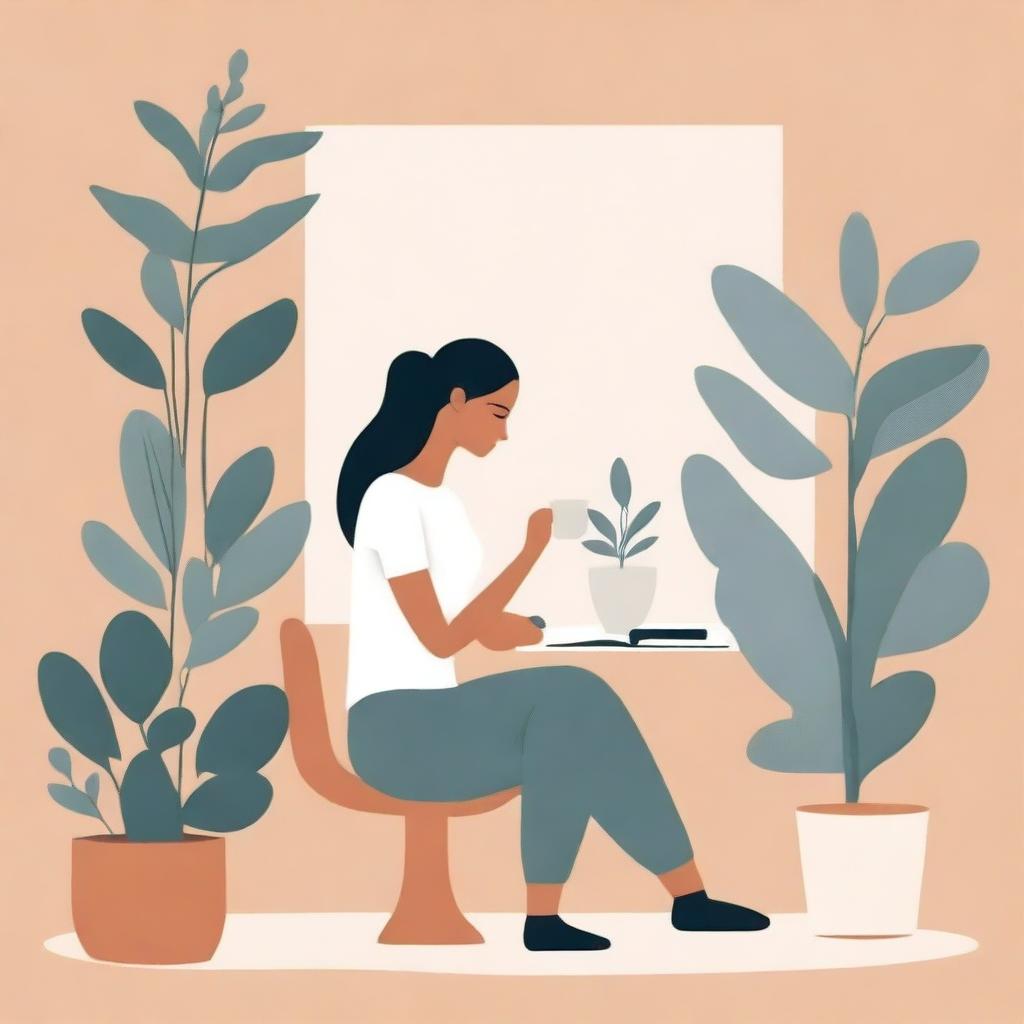 A neutral abstract illustration of a woman deep in thought, surrounded by plants, holding a cup of coffee, and sitting at a desk writing