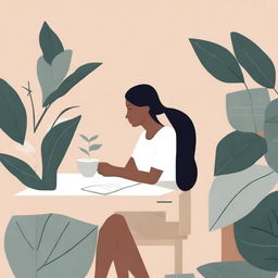 A neutral abstract illustration of a woman deep in thought, surrounded by plants, holding a cup of coffee, and sitting at a desk writing