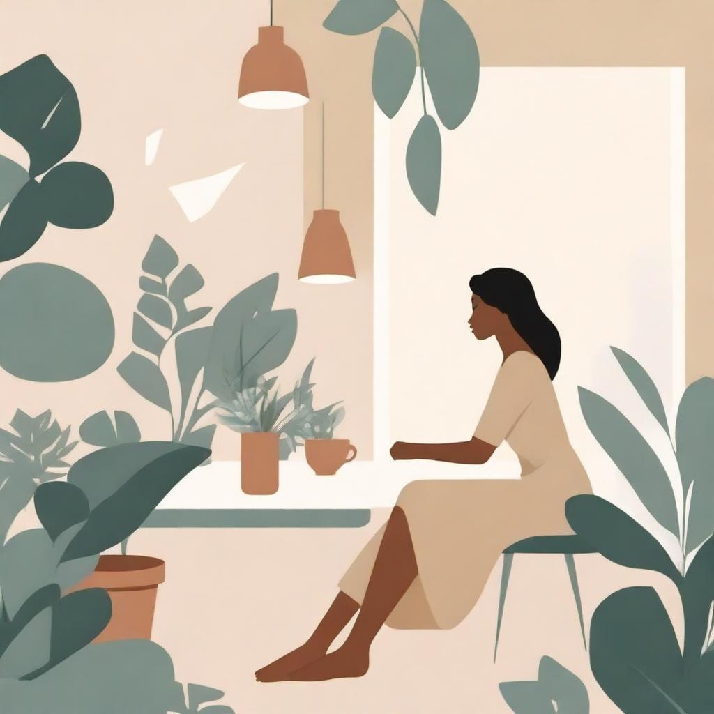 A neutral abstract illustration of a woman deep in thought, surrounded by plants, holding a cup of coffee, and sitting at a desk writing