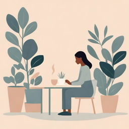 A neutral abstract illustration of a woman deep in thought, surrounded by plants, holding a cup of coffee, and sitting at a desk writing