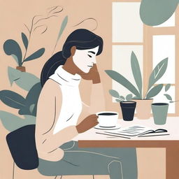 A neutral abstract illustration of a woman deep in thought, surrounded by plants, holding a cup of coffee, and sitting at a desk writing