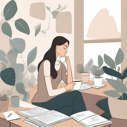 A neutral abstract illustration of a woman deep in thought, surrounded by plants, holding a cup of coffee, and sitting at a desk writing