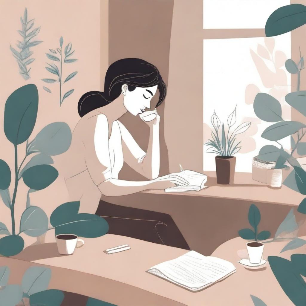 A neutral abstract illustration of a woman deep in thought, surrounded by plants, holding a cup of coffee, and sitting at a desk writing