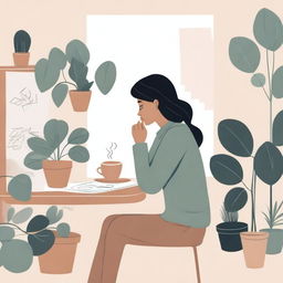 A neutral abstract illustration of a woman deep in thought, surrounded by plants, holding a cup of coffee, and sitting at a desk writing