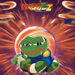 Pepe the Frog dressed as Vegeta from Dragon Ball Z, wearing Saiyan armor and a serious expression, set against a dynamic Dragon Ball Z-inspired background