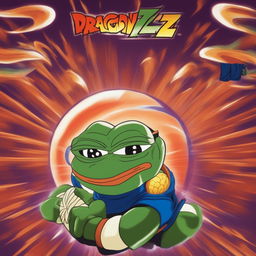 Pepe the Frog dressed as Vegeta from Dragon Ball Z, wearing Saiyan armor and a serious expression, set against a dynamic Dragon Ball Z-inspired background