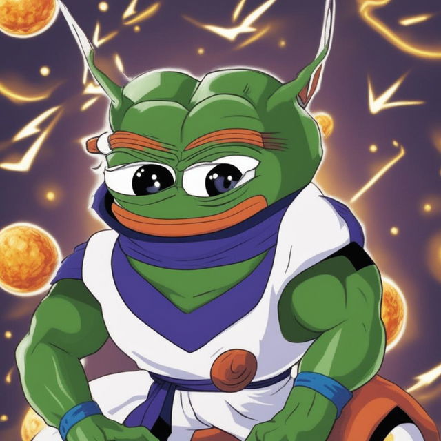 Pepe the Frog dressed as Vegeta from Dragon Ball Z, wearing Saiyan armor and a serious expression, set against a dynamic Dragon Ball Z-inspired background