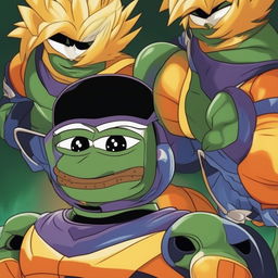 Pepe the Frog dressed as Vegeta from Dragon Ball Z, wearing Saiyan armor and a serious expression, set against a dynamic Dragon Ball Z-inspired background