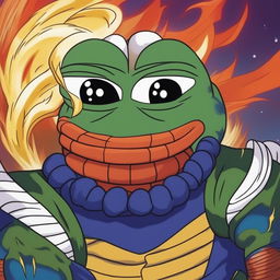 Pepe the Frog dressed as Vegeta from Dragon Ball Z, wearing Saiyan armor and a serious expression, set against a dynamic Dragon Ball Z-inspired background