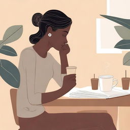 A neutral abstract illustration of a woman deep in thought, holding a cup of coffee, and sitting at a desk writing