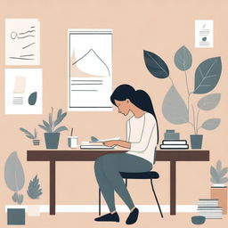 A neutral abstract illustration of a woman deep in thought, holding a cup of coffee, and sitting at a desk writing