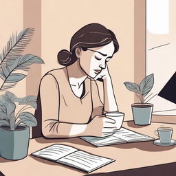 A neutral abstract illustration of a woman deep in thought, holding a cup of coffee, and sitting at a desk writing