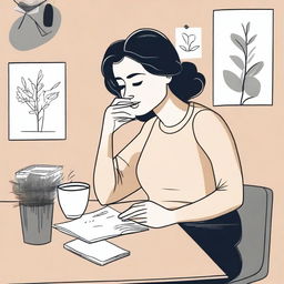 A neutral abstract illustration of a woman deep in thought, holding a cup of coffee, and sitting at a desk writing