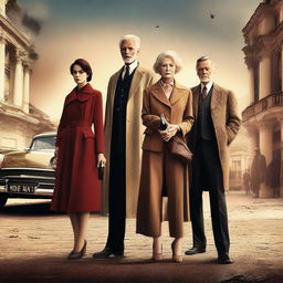 A beautiful aging lady and a handsome agent man holding a gun while standing beside a pair of twins