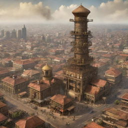 A creative rendering of Ghana with a surprise steampunk twist – envision Accra's skyline dominated by brass watchtower-like structures, the Gold Coast intertwined with steam machinery, and bustling markets filled with period-appropriate gadgetry.