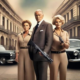 A beautiful aging lady and a handsome agent man holding a gun while standing beside a pair of twins