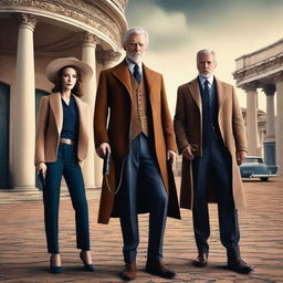 A beautiful aging lady and a handsome agent man holding a gun while standing beside a pair of twins