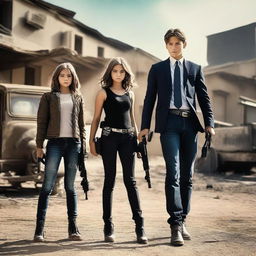 A beautiful teenage lady agent and a handsome teenage man agent holding guns while standing beside a pair of 8-year-old twins