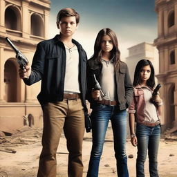 A beautiful teenage lady agent and a handsome teenage man agent holding guns while standing beside a pair of 8-year-old twins