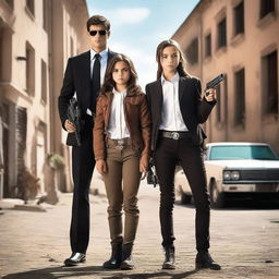 A beautiful teenage lady agent and a handsome teenage man agent holding guns while standing beside a pair of 8-year-old twins