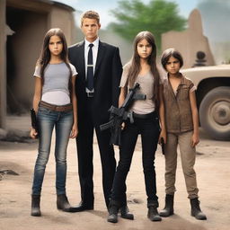 A beautiful teenage lady agent and a handsome teenage man agent holding guns while standing beside a pair of 8-year-old twins